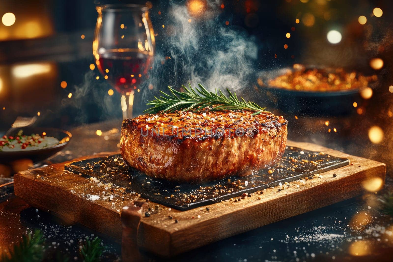 A perfectly cooked steak is displayed on a wooden platter, garnished with fresh rosemary. A glass of red wine sits nearby, creating a warm, inviting atmosphere perfect for a dinner party.