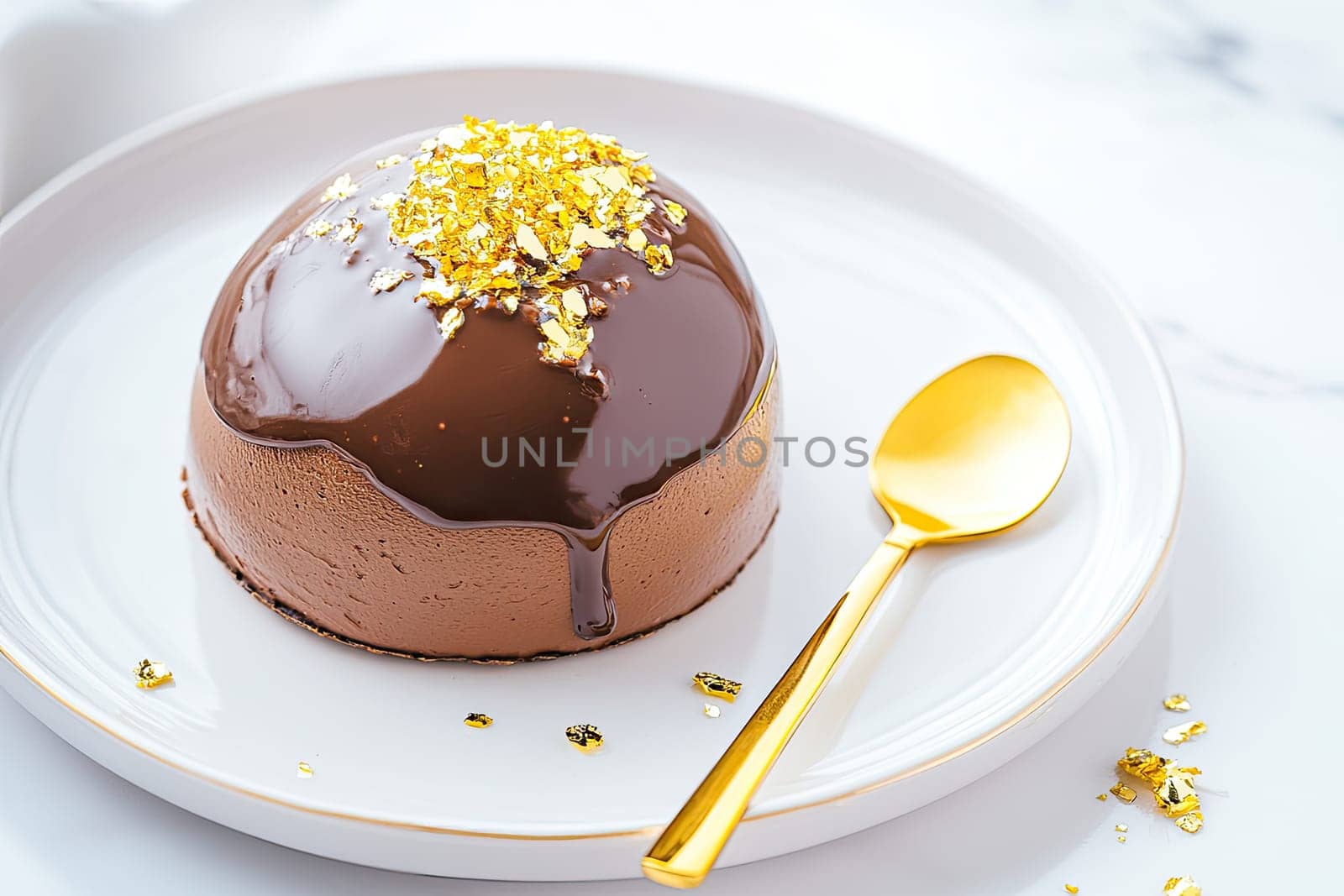 A rich chocolate mousse sits elegantly on a white plate, adorned with shimmering edible gold leaf. A golden spoon rests beside the dessert, inviting indulgence.