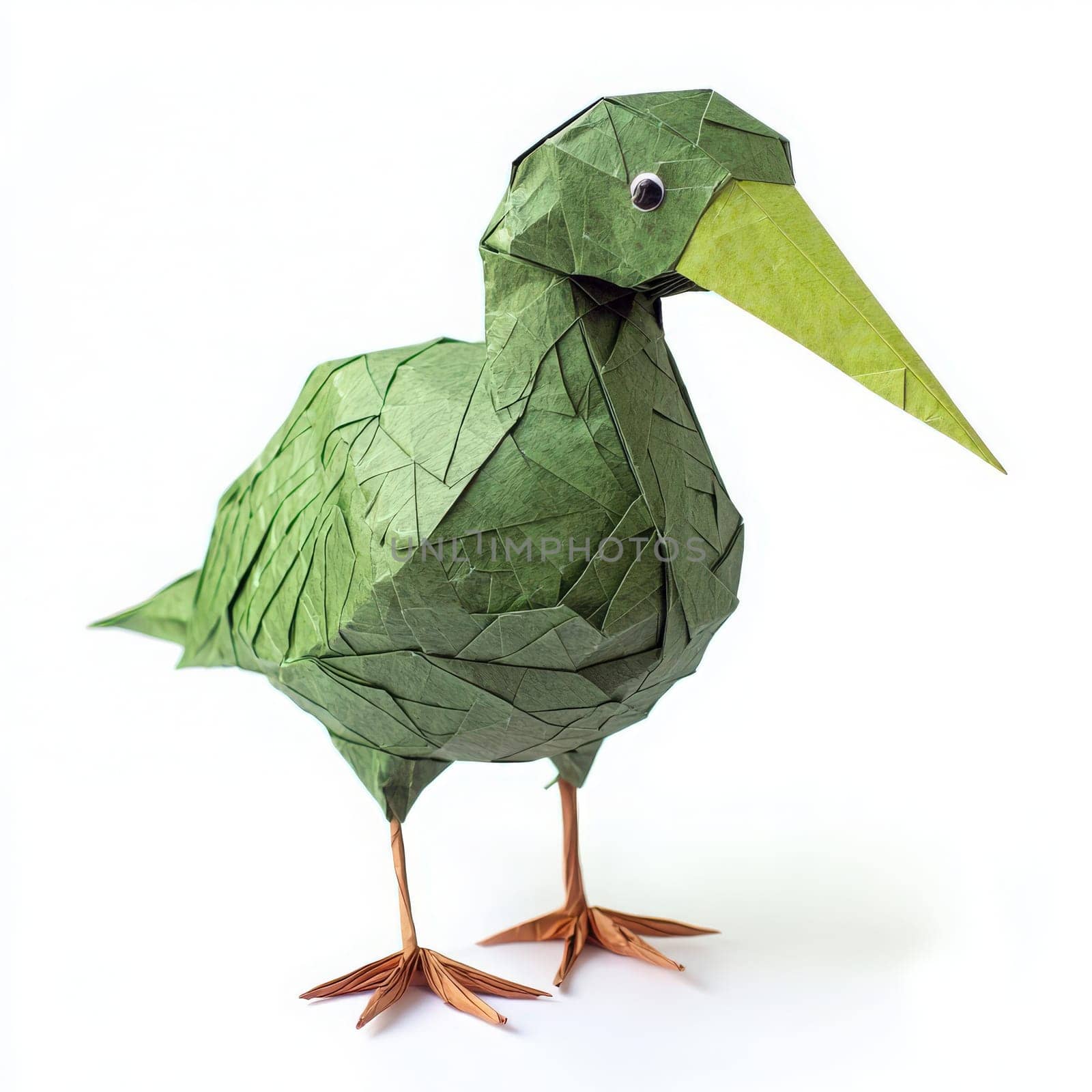 A detailed origami bird stands upright, crafted from various green shades of paper. Its beak is bright green, and its legs are made of copper-colored paper, adding a vibrant contrast.