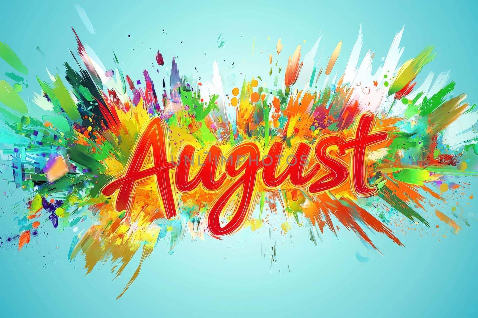 Bold and colorful splashes fill the background while the name August stands out prominently in bright red letters. The lively hues create an energetic and playful atmosphere.