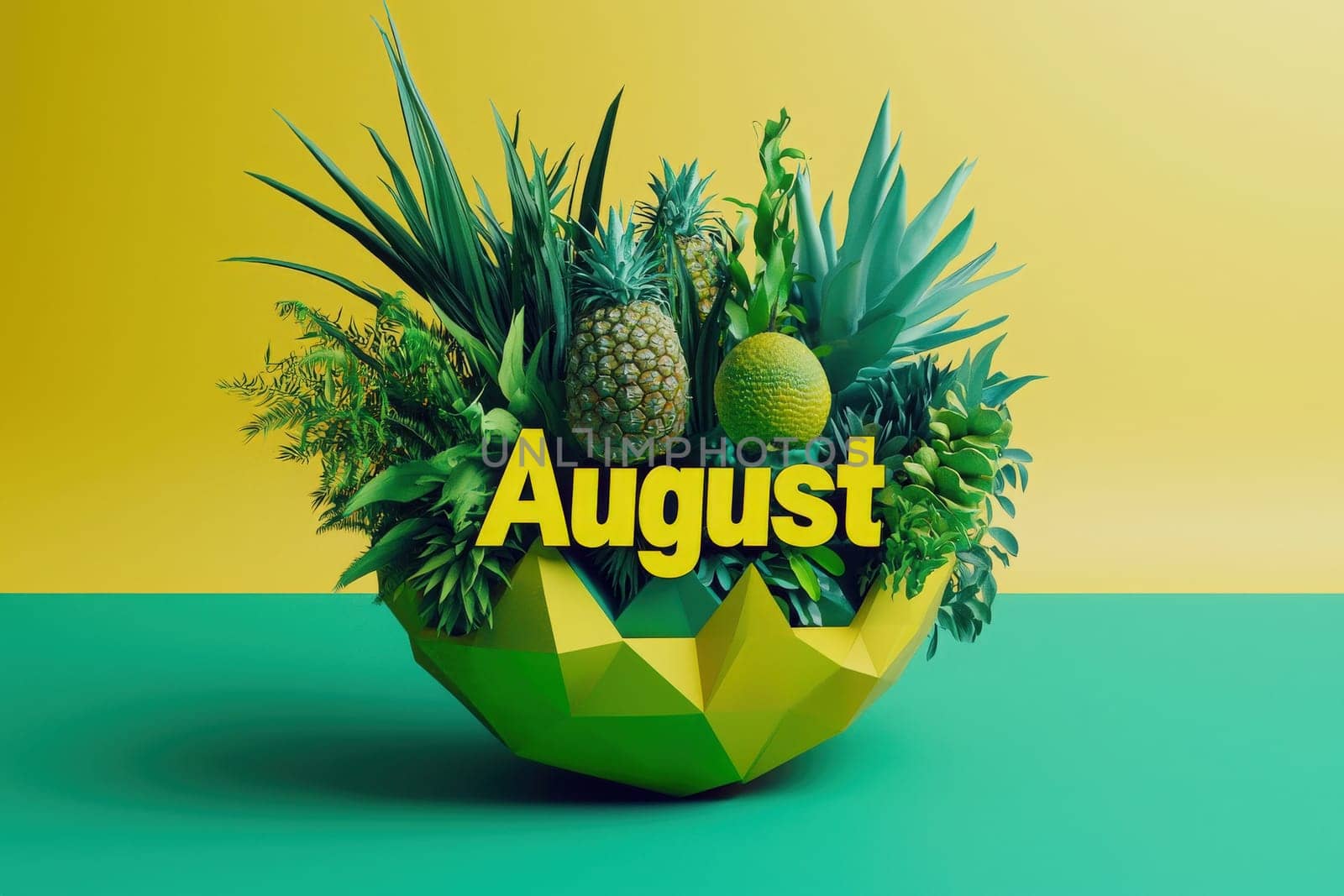 A vibrant arrangement of tropical plants and fruits such as pineapples and melons is showcased in a geometric bowl.