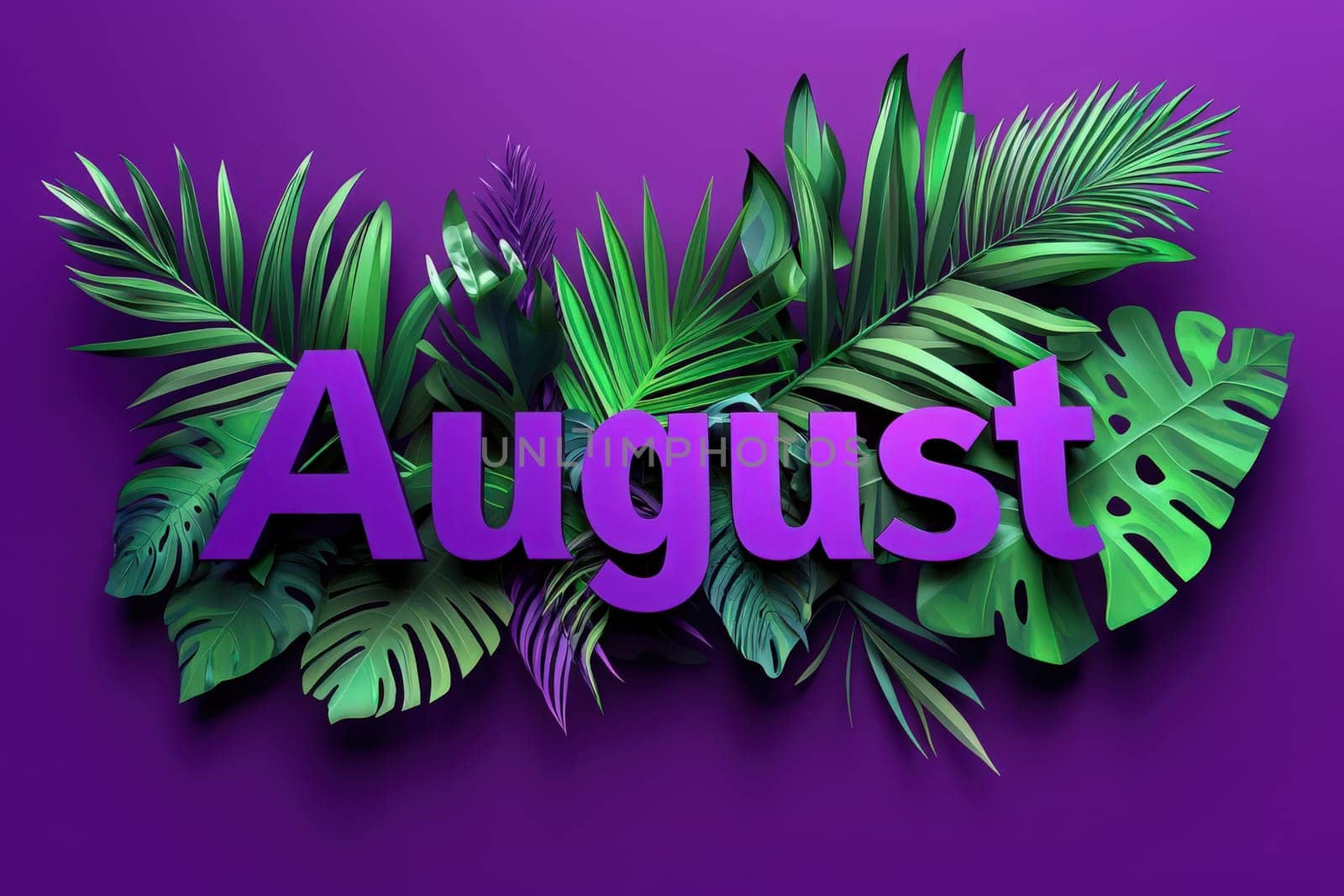 A colorful arrangement of tropical leaves surrounds the bold word August, set against a striking purple background. The design suggests a celebration of summer and nature.