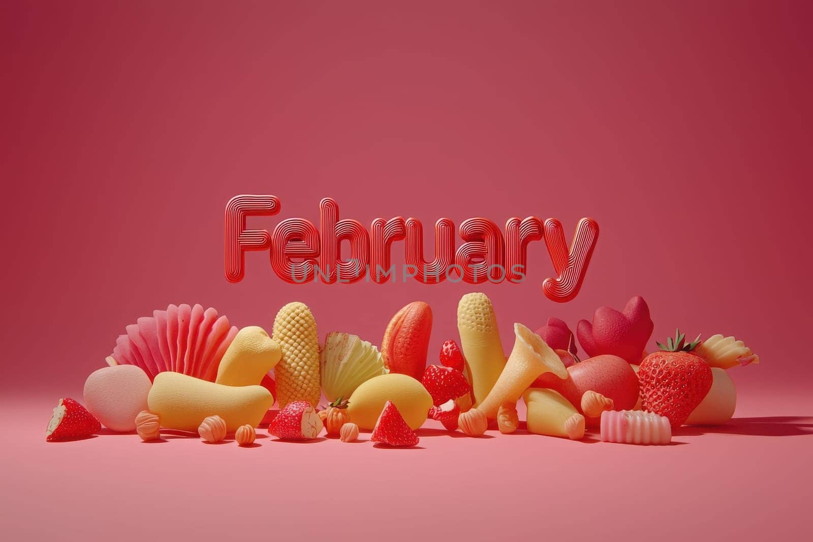 A display of assorted candies and fruit shapes arranged artfully on a pink background, with the word February prominently featured in red balloon letters, creating a festive ambiance.