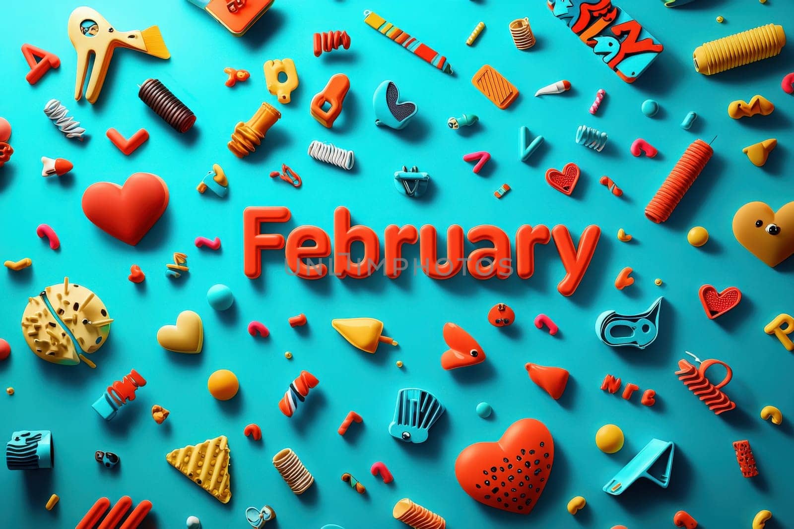 Colorful geometric shapes and symbols are artistically arranged on a bright turquoise backdrop. The word February stands out prominently among playful designs, creating an engaging visual composition.