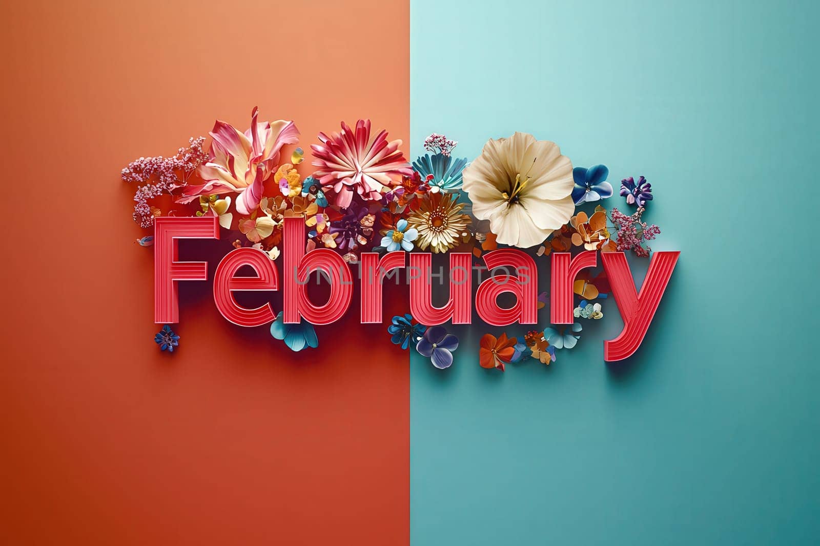 The artwork features the word February in bold red letters surrounded by a variety of flowers and colorful embellishments against a split background of orange and blue.