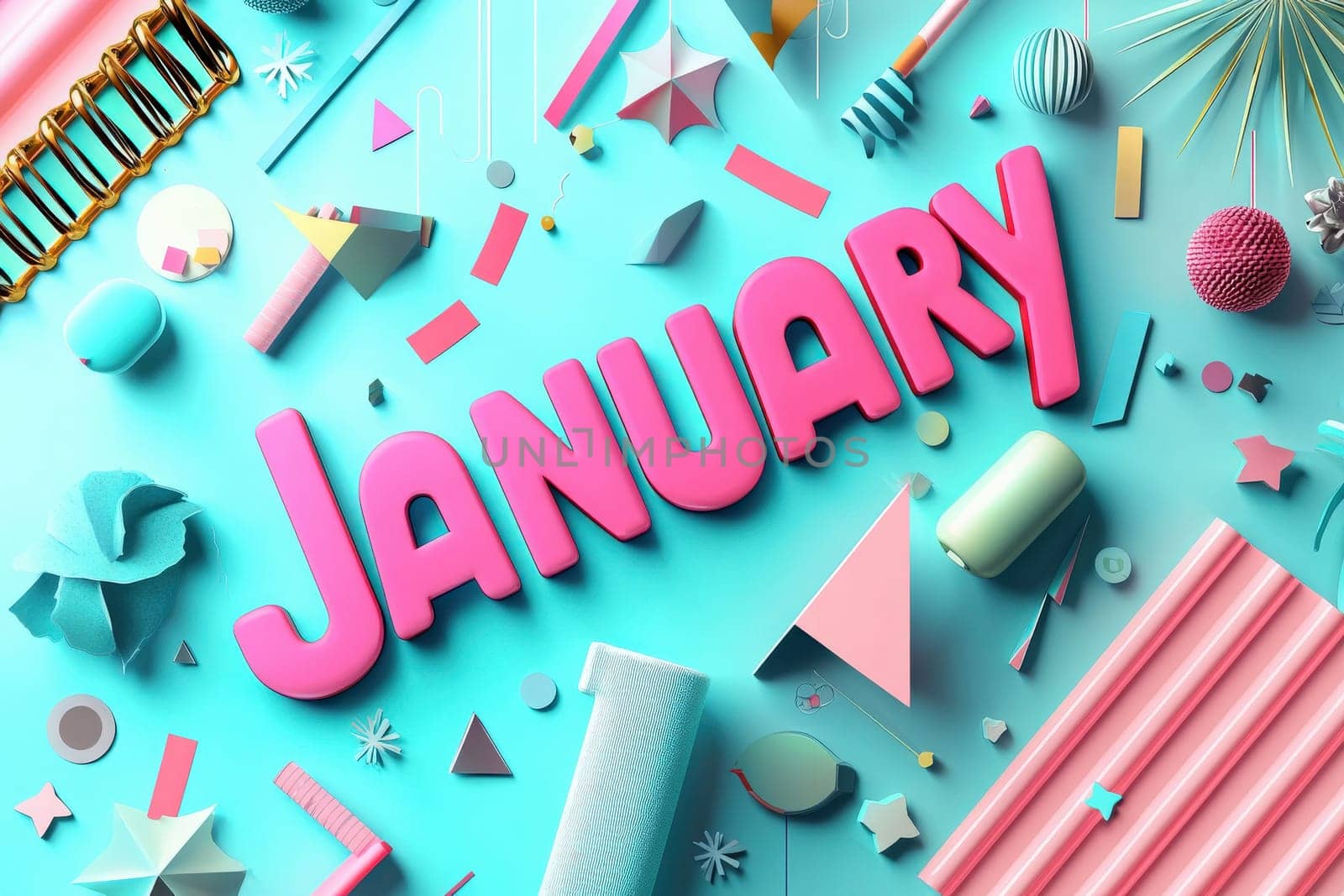 Bright pink letters spell January among various colorful geometric shapes and playful textures on a blue surface.