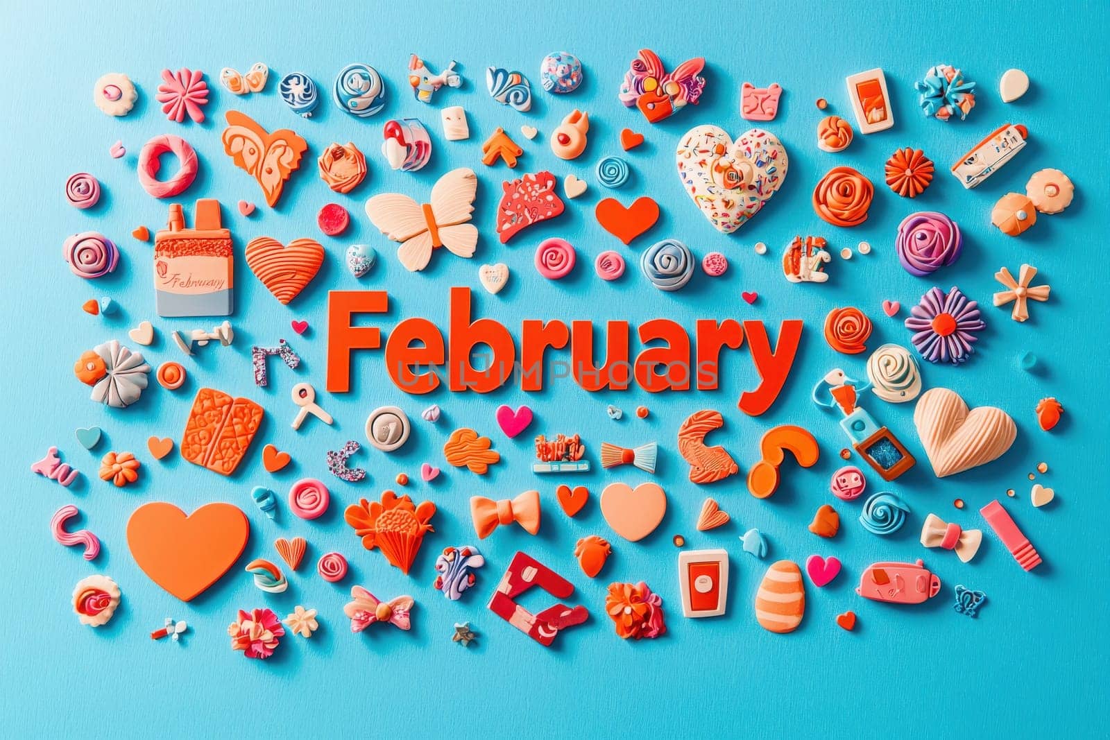 A vibrant display of various candies and sweets is creatively arranged against a bright blue background. Decoratively shaped treats highlight the theme of February, celebrating love and joy.