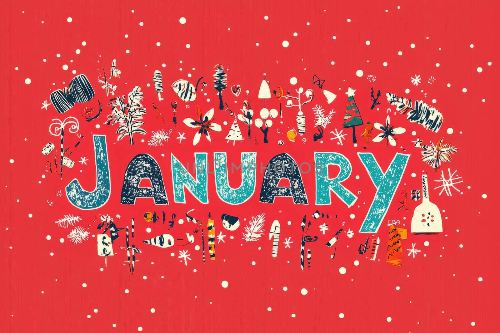 The artwork features colorful designs representing January, including snowflakes, trees, and festive elements. It conveys a cheerful winter atmosphere with a bright red background.