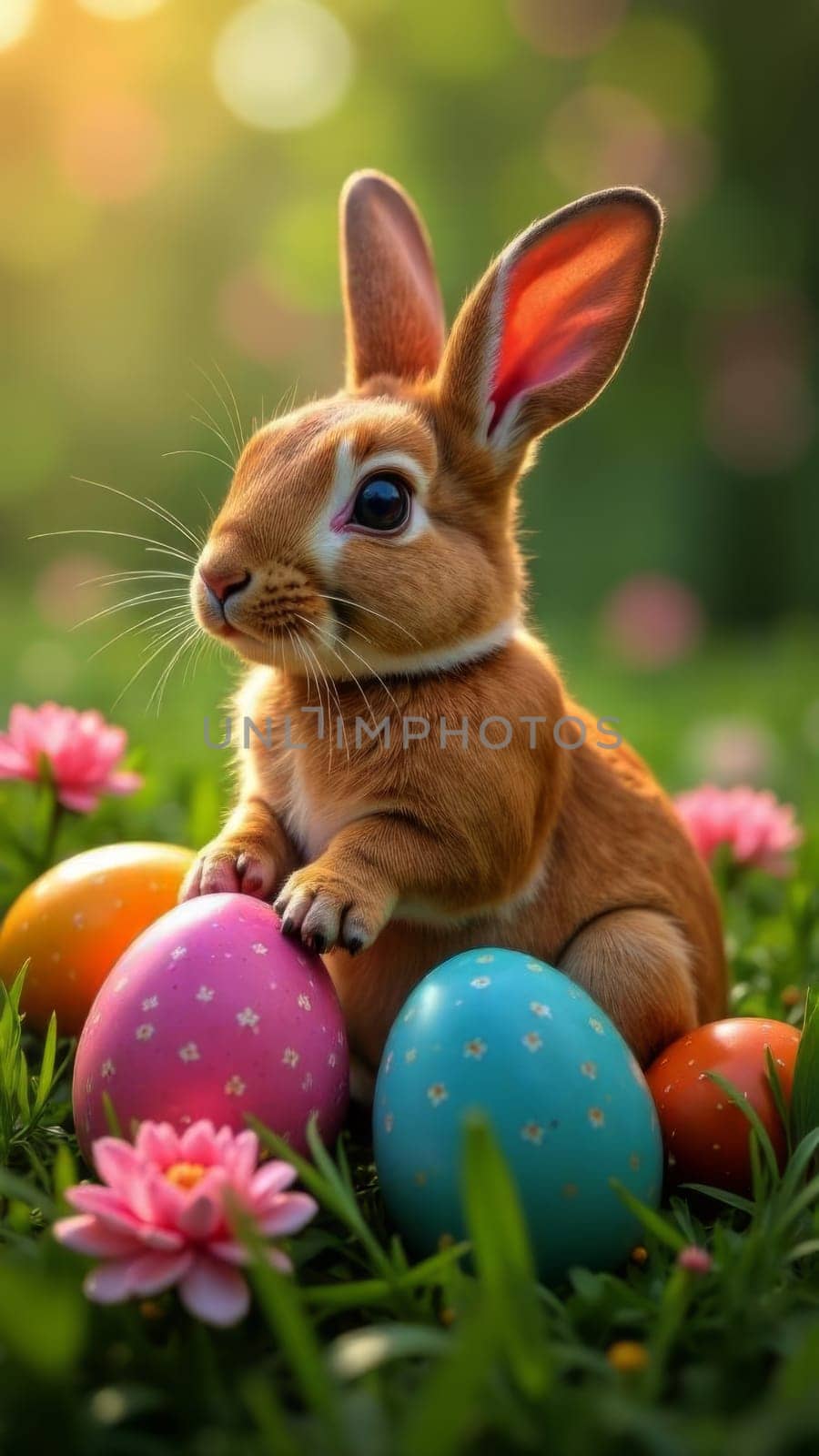 Cute fluffy bunny with big ears gazing curiously amidst bright pastel eggs and cheerful flowers in lush green grass, capturing essence of Easter celebration. Ideal for seasonal card designs