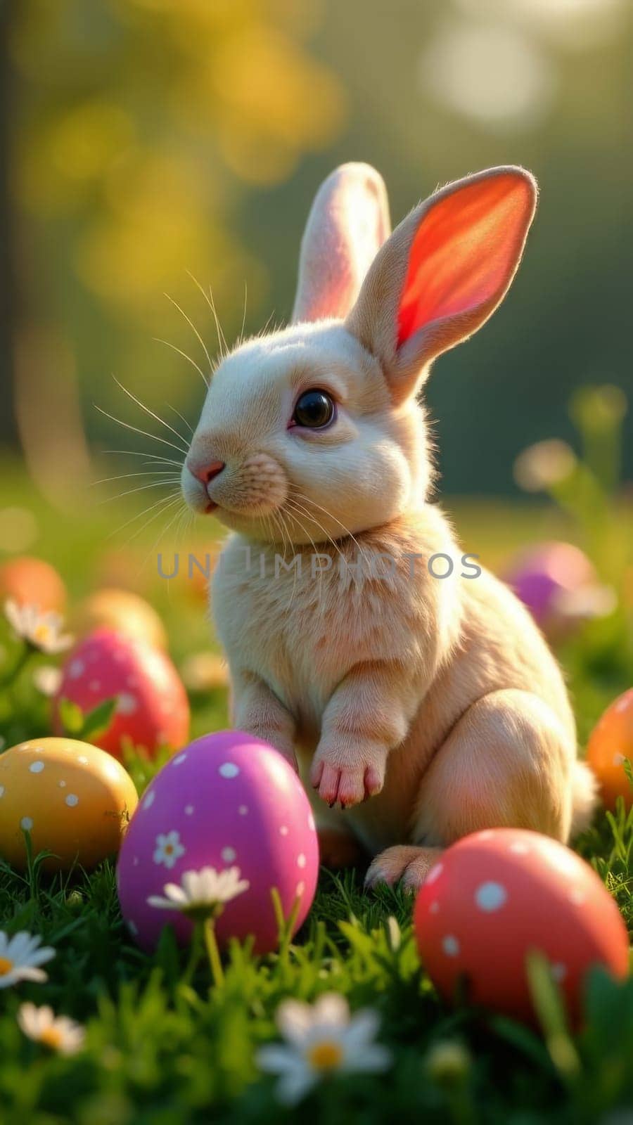 Charming image of playful bunny nestled in colorful Easter eggs, surrounded by delicate blossoms and soft green grass, evoking feelings of warmth, joy, and renewal for spring festivities