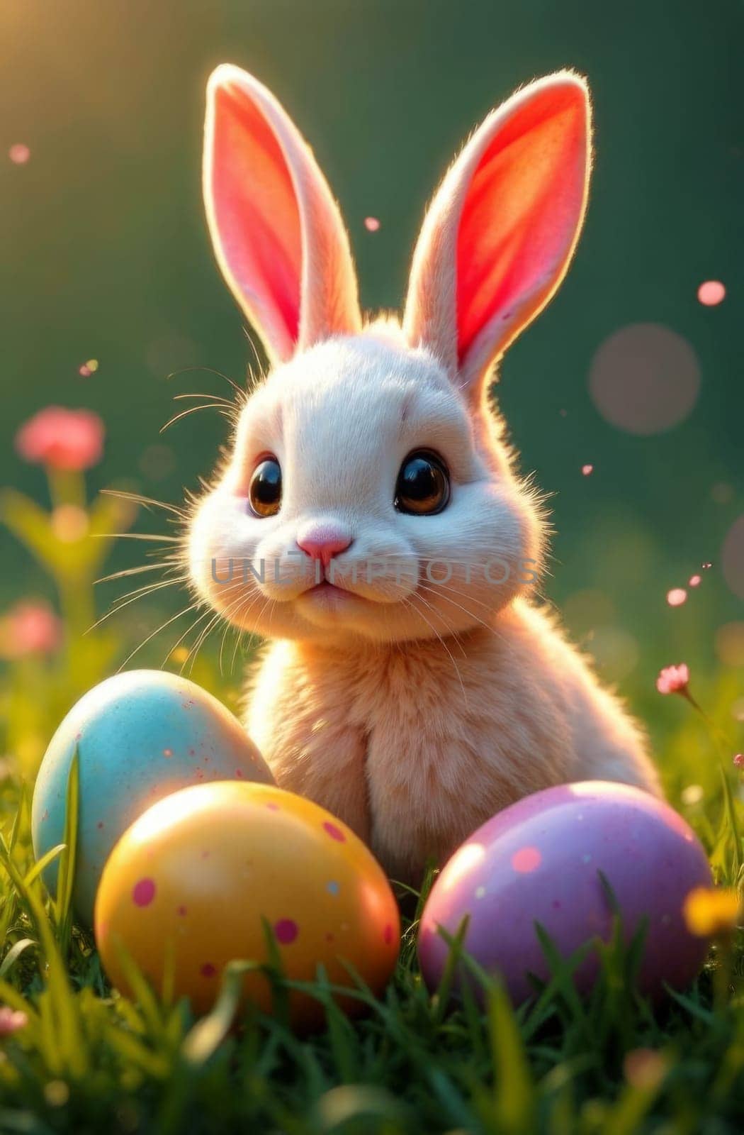 Whimsical bunny with fluffy fur standing proudly near colorful eggs, set against a backdrop of radiant flowers and grass. Enchanting scene ideal for Easter celebration graphics and invitations