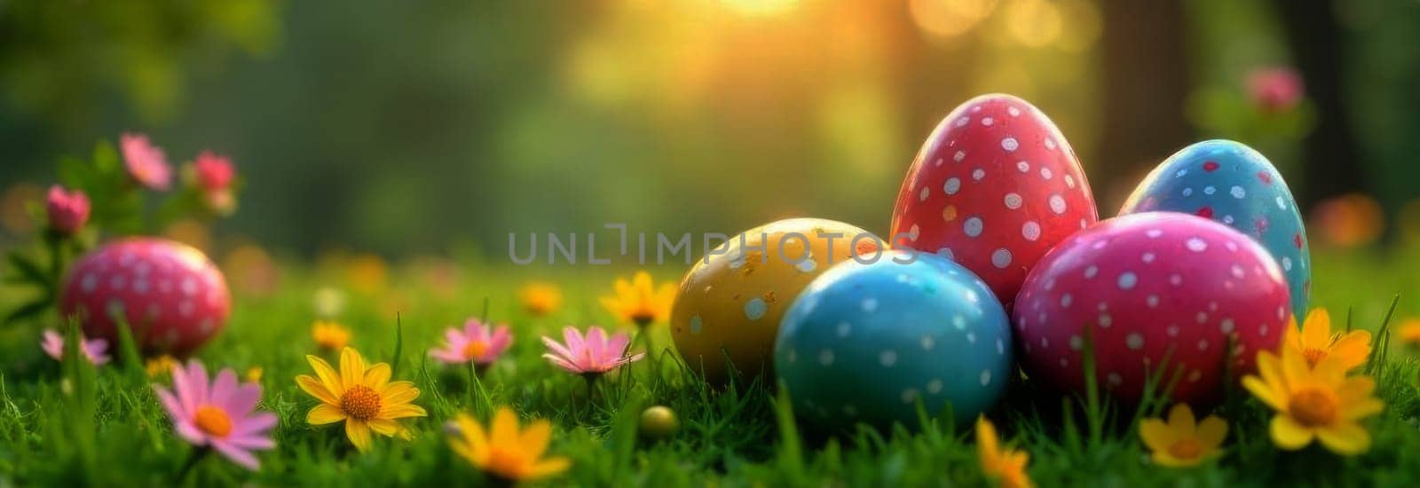 Festive Easter banner features delightful arrangement of pastel colored eggs nestled in fresh grass with blooming flowers. For seasonal promotions, this vibrant imagery captures essence of celebration