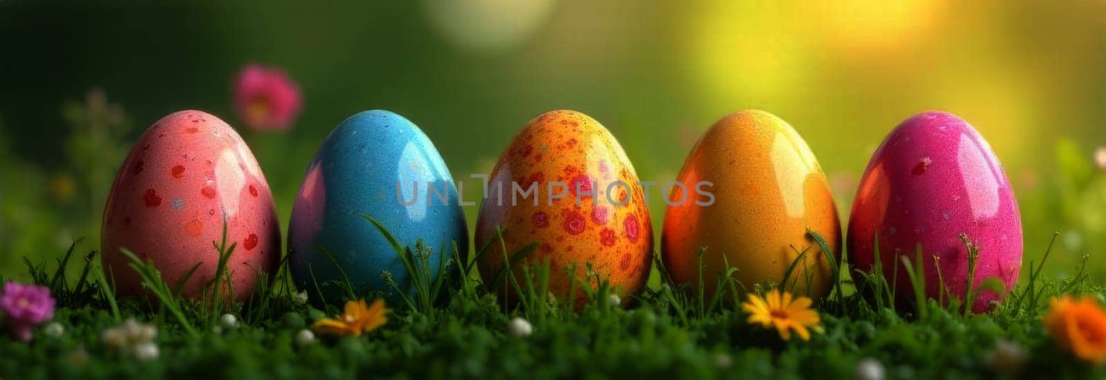 Festive Easter banner features delightful arrangement of pastel colored eggs nestled in fresh grass with blooming flowers. For seasonal promotions, this vibrant imagery captures essence of celebration