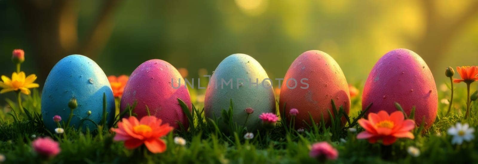 Bright, playful Easter banner with array of colorful eggs set against vivid green backdrop. This cheerful design is perfect for enhancing holiday spirit, attracting attention to seasonal promotions