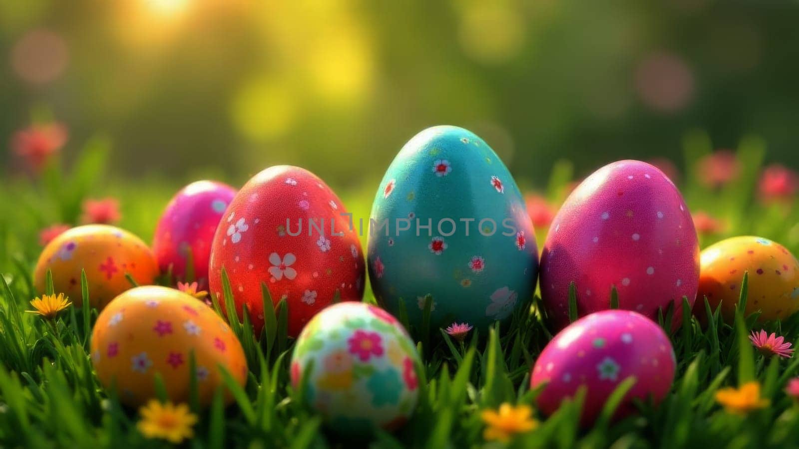 Vibrant assortment of painted eggs in various hues resting on soft grass, accented with cheerful flowers. This delightful scene embodies spirit of Easter and springtime joy, great for card designs
