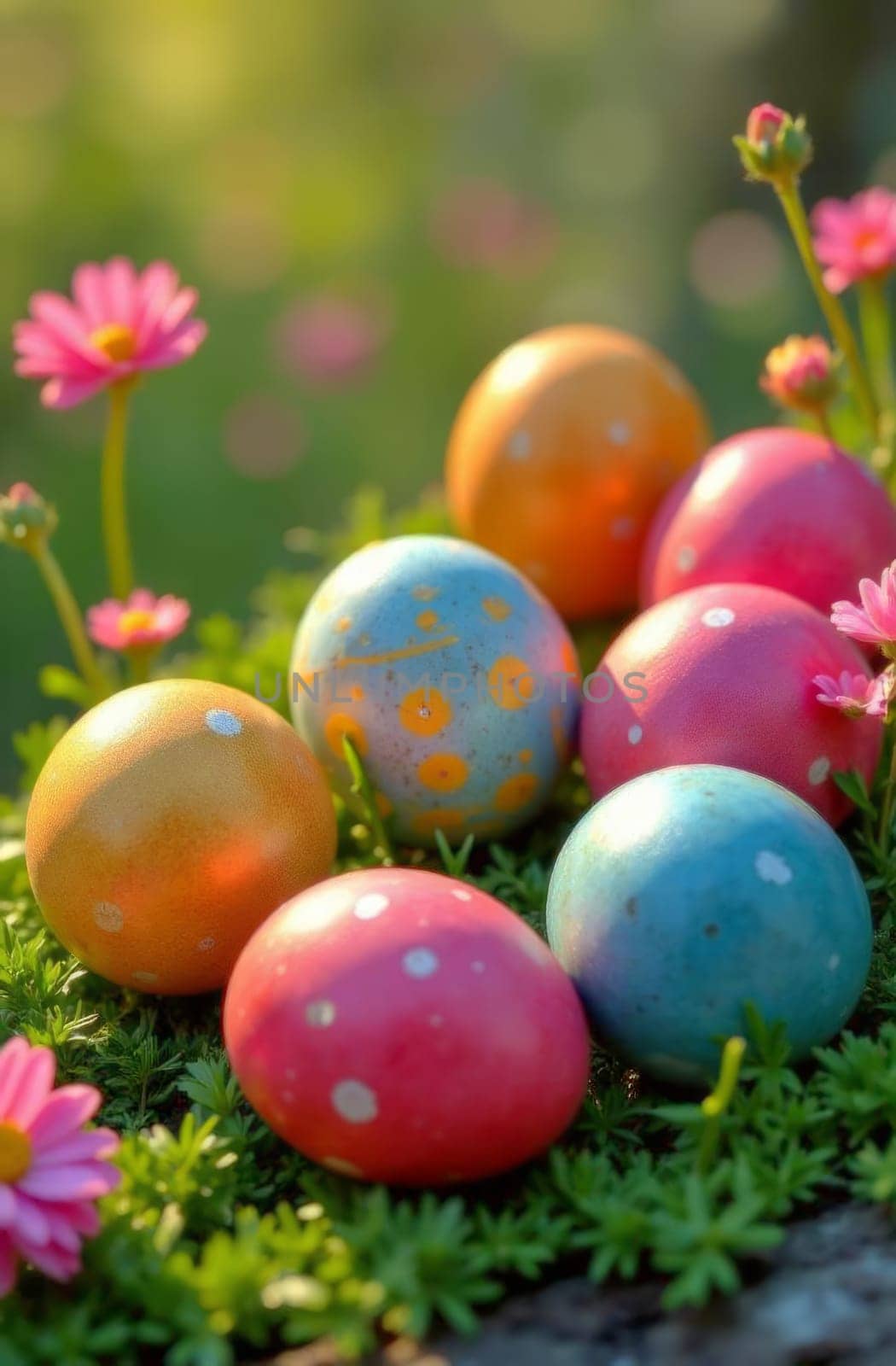 Beautifully arranged Easter eggs in vibrant colors, sitting on vivid green grass with lovely wildflowers, evoking playful spirit of Easter celebrations. Great for seasonal cards and art prints
