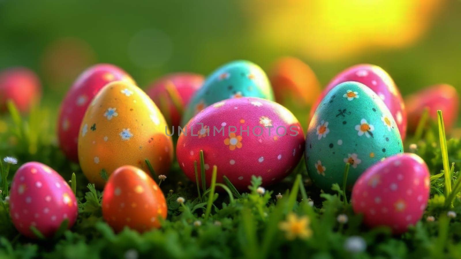 Colorful collection of Easter eggs nestled in lush green grass, surrounded by delicate daisies, vibrant flowers, capturing joyful essence of spring, holiday celebrations. Perfect for greeting cards