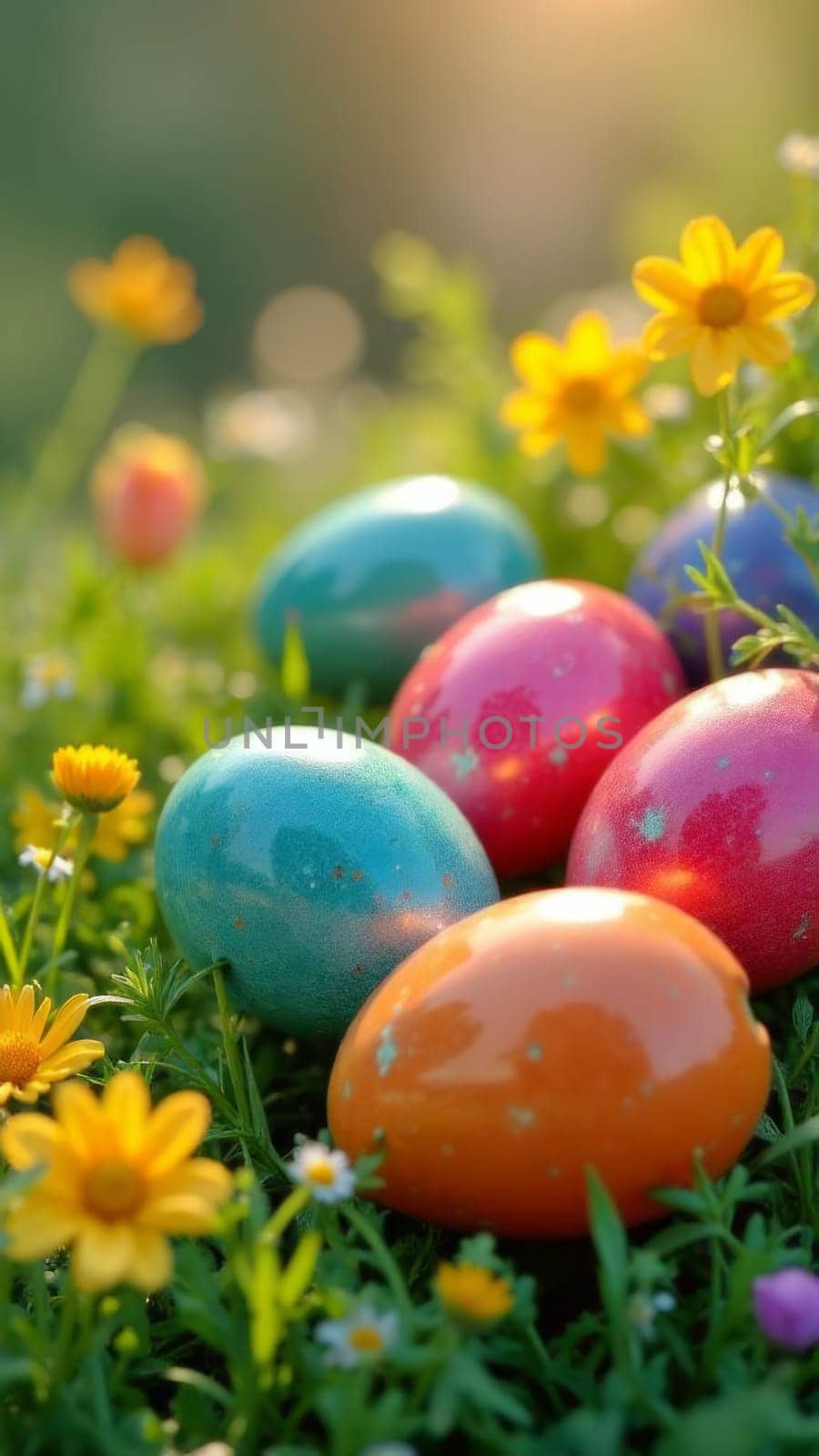 Beautifully arranged Easter eggs in vibrant colors, sitting on vivid green grass with lovely wildflowers, evoking playful spirit of Easter celebrations. Great for seasonal cards and art prints