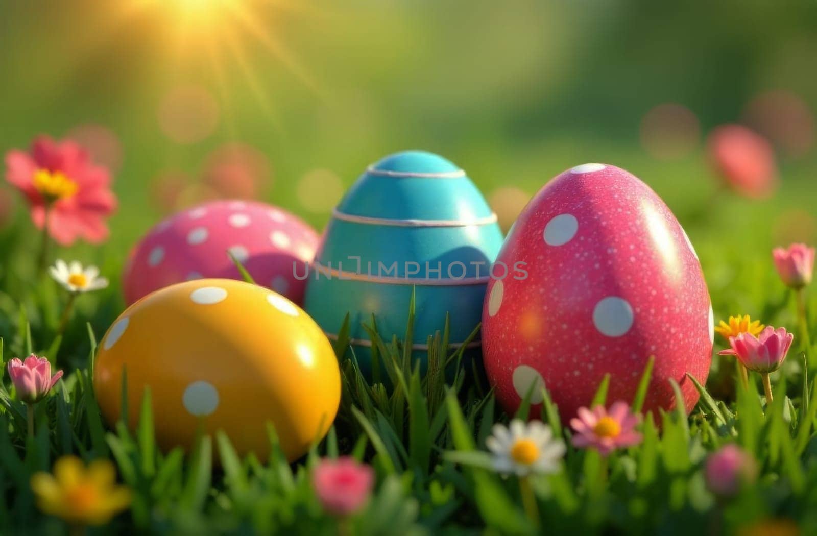 Colorful collection of Easter eggs nestled in lush green grass, surrounded by delicate daisies, vibrant flowers, capturing joyful essence of spring, holiday celebrations. Perfect for greeting cards