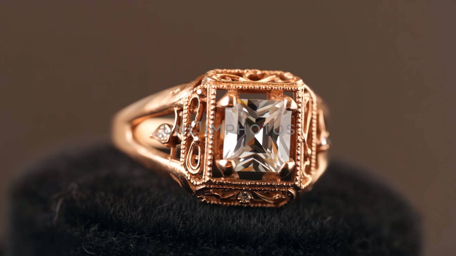 Vintage style engagement rose golden ring featuring a brilliant centerpiece and detailed craftsmanship. This luxury jewelry piece highlights precious materials and exquisite sparkle.