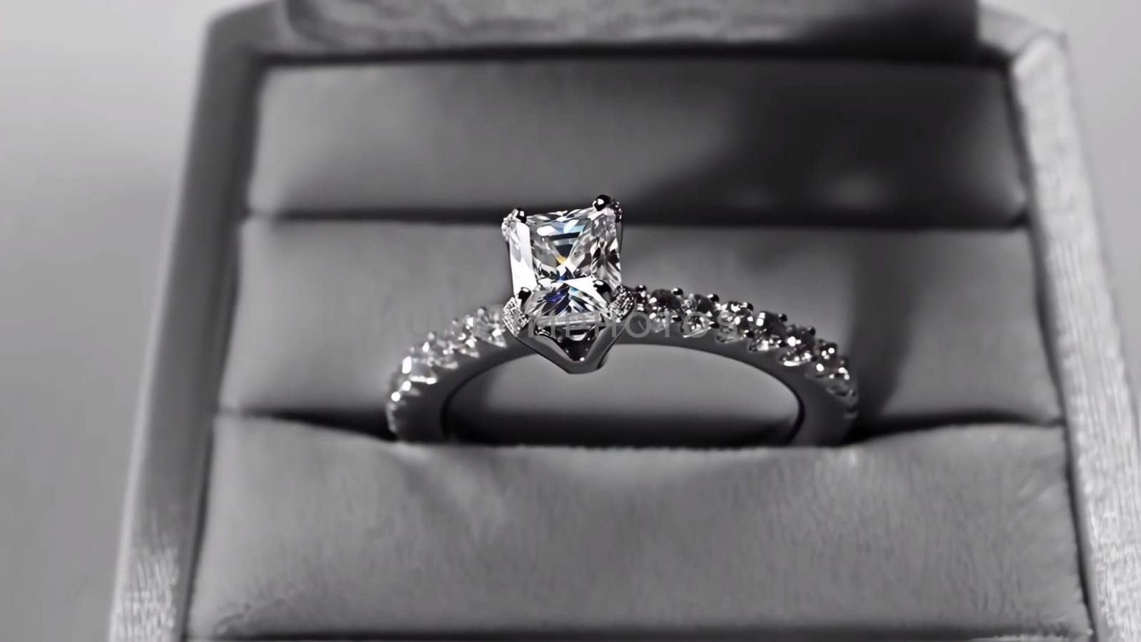 Contemporary platinum wedding set featuring princess cut diamond engagement ring nestled in an open ring box, perfect for special moments and unforgettable proposals.