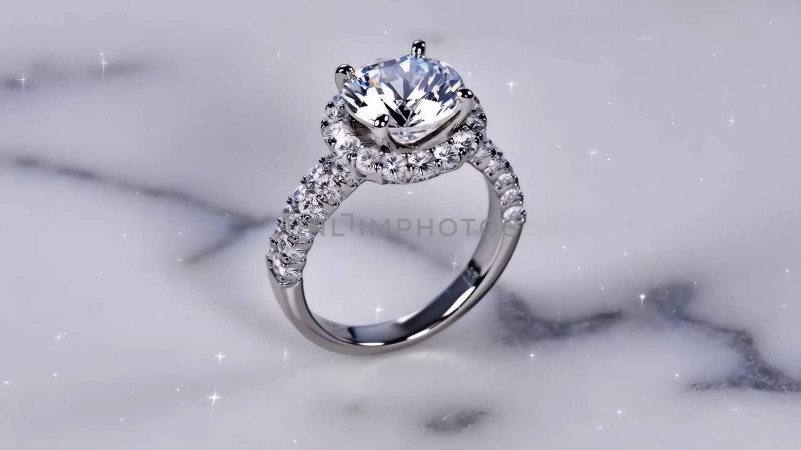 Closeup engagement ring showcasing a magnificent diamond solitaire. The piece is crafted from luxurious platinum, surrounded by intricate details.