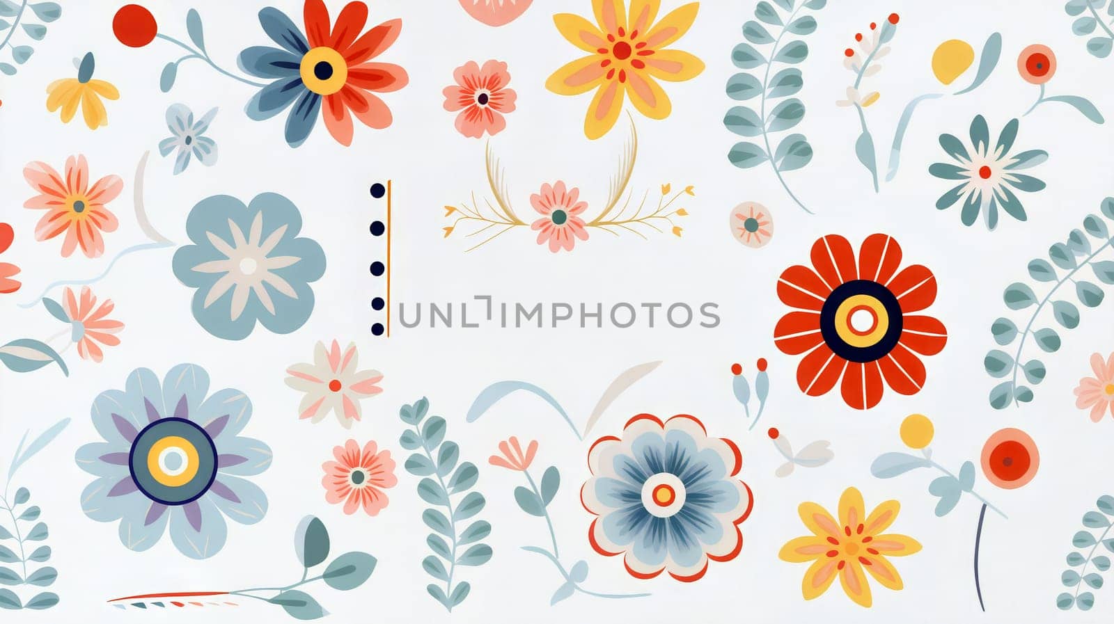 Brightly colored floral patterns feature various flowers and leaves on a light background, perfect for designs, crafts, or home decor projects. Generative AI.