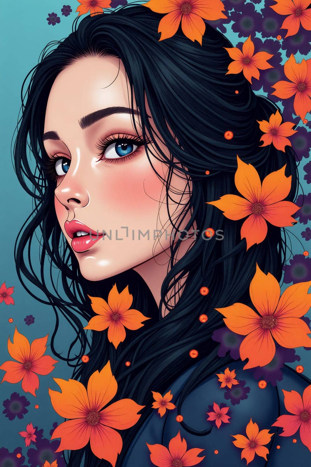 A young woman with striking blue eyes gazes softly while framed by bright orange and purple flowers, creating a vivid, colorful illustration backdrop. Generative AI.
