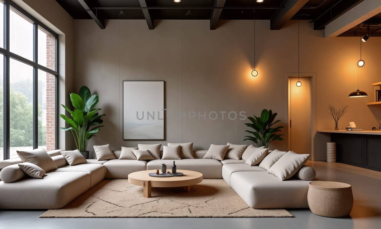 A spacious living room features a large sectional sofa, a round coffee table, and indoor plants, creating a serene and inviting space filled with natural light - Generative AI