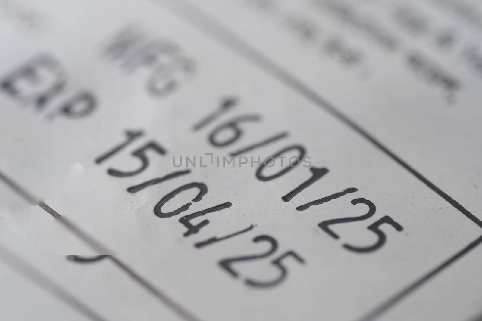 Detail of printed manufacturing and expiration dates on product packaging