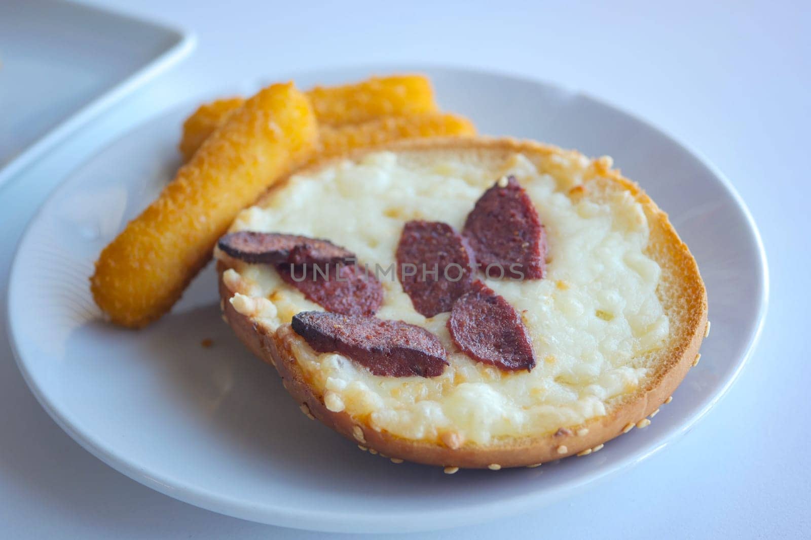 A tasty sandwich topped with savory meat and served with crispy sides.