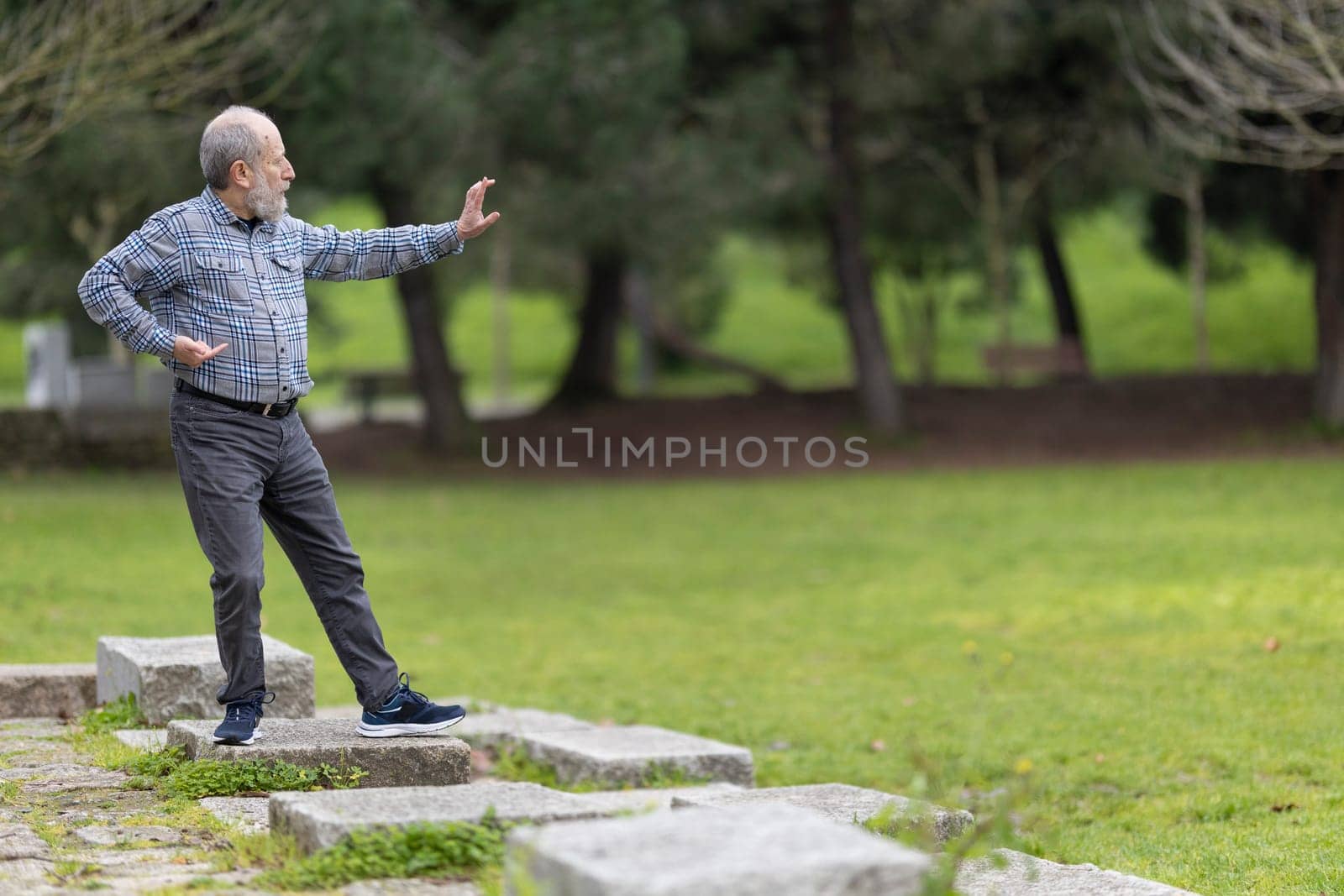 Elderly man performing tai chi exercises in a serene park setting, promoting health and well-being
