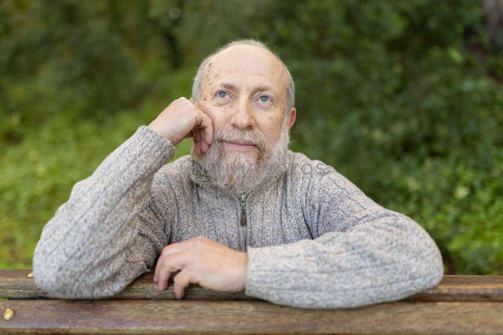 Senior man enjoys peaceful moment in park, leaning on bench and reflecting on nature's beauty