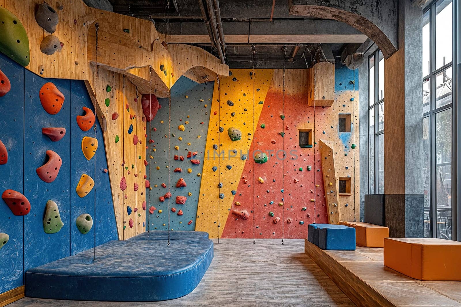 Interior of a sports center with climbing walls and ropes.