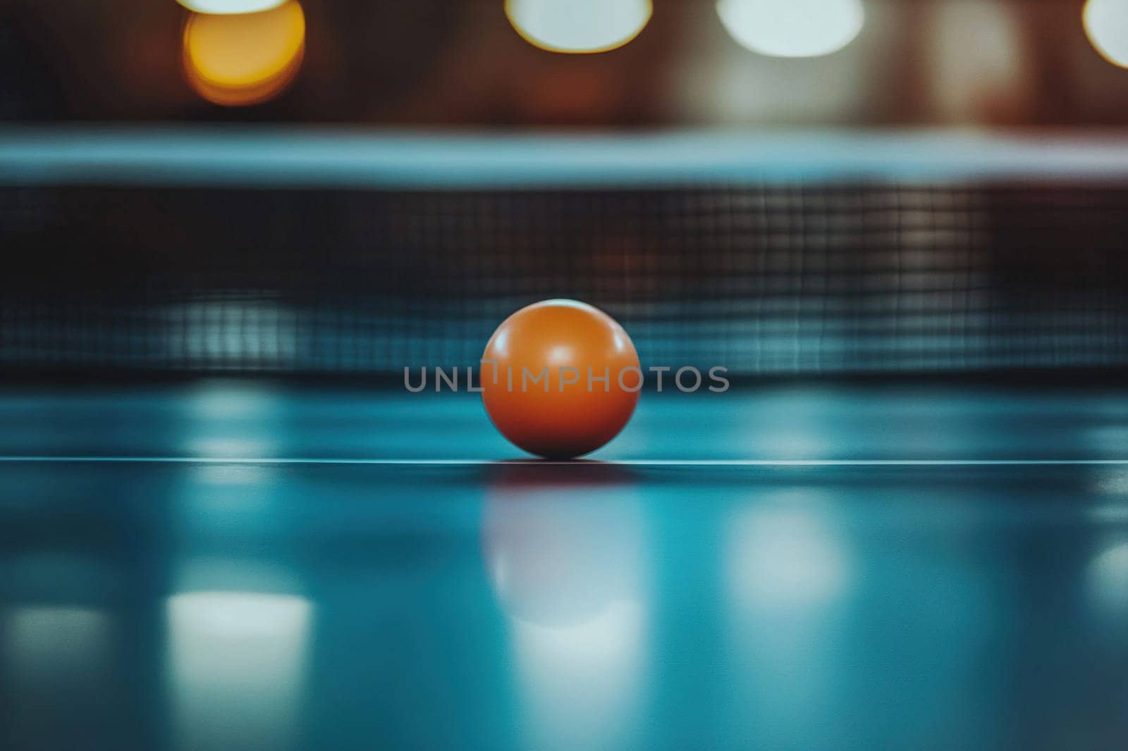 White ping pong ball lies on a blue table with a net. Table tennis blur background.