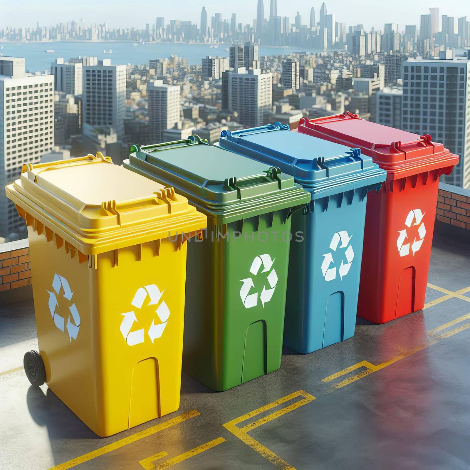 Colorful trash containers on a rooftop overlooking the city. Recycling and environmental initiatives for sustainable development. AI generated.