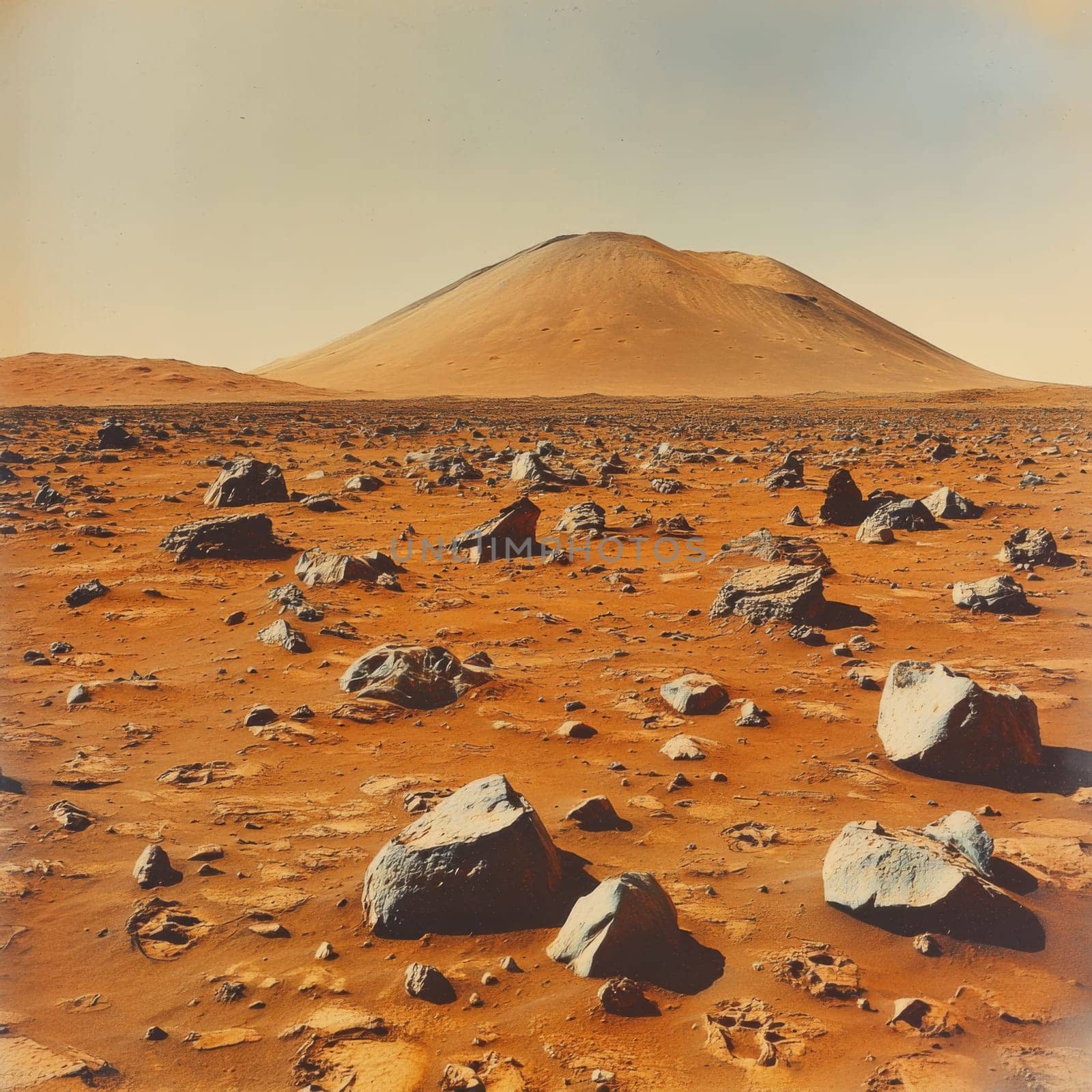 Barren rocky terrain showcases the Martian surface of Mars, the red planet, with scattered stones and a distant volcanic hill under a clear sky.
