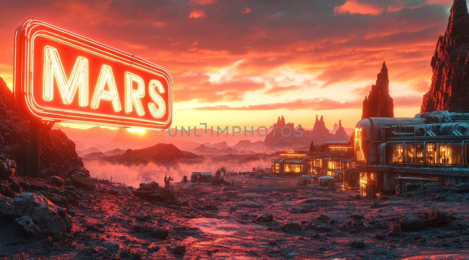 A glowing sign reading Mars highlights a settlement on the Martian surface, where structures reflect the vibrant colors of a sunset on the red planet, surrounded by rugged terrain and distant peaks.