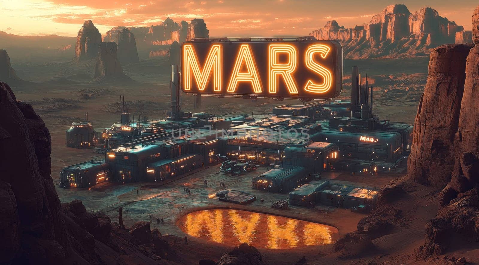 A bustling settlement thrives on the Martian surface, highlighted by the illuminated sign MARS. Towering rock formations surround the structures, creating an otherworldly atmosphere.