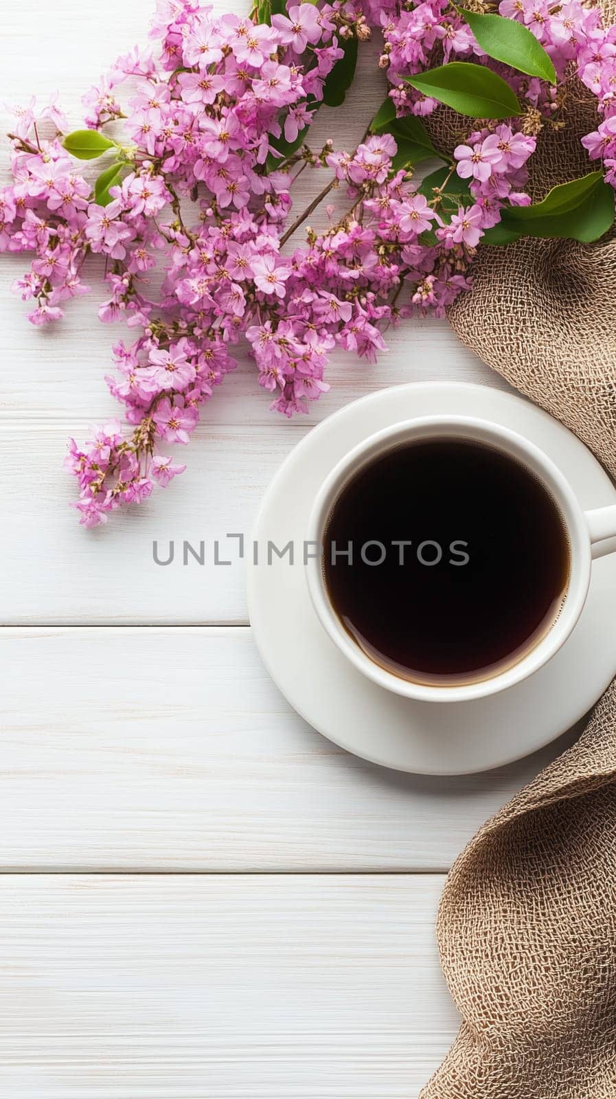 Enjoying a hot cup of coffee with beautiful pink flowers on a rustic white wooden table