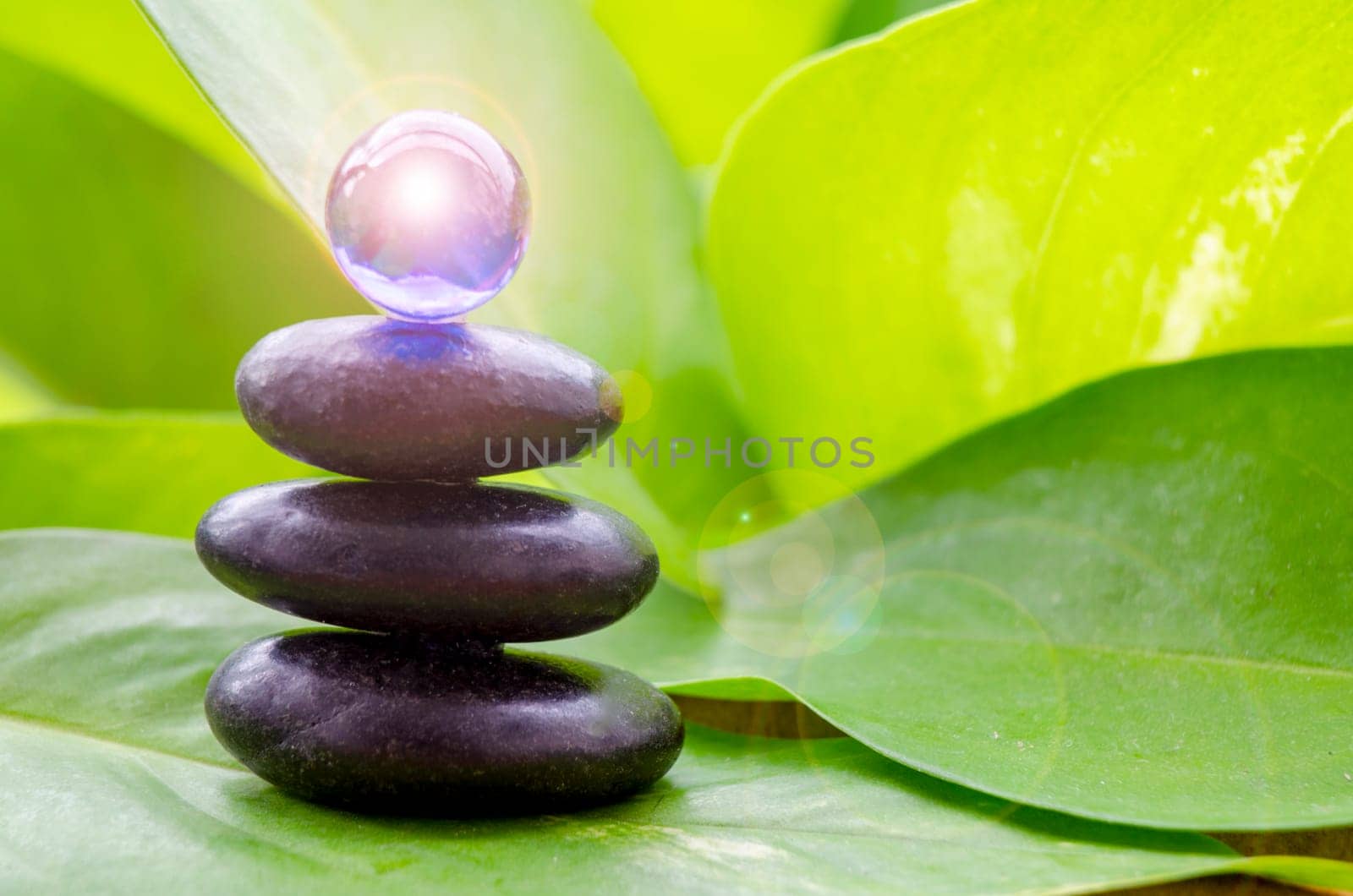 Black Zen stones on green leaf with customizable space for text or message. Shining glass marble background.