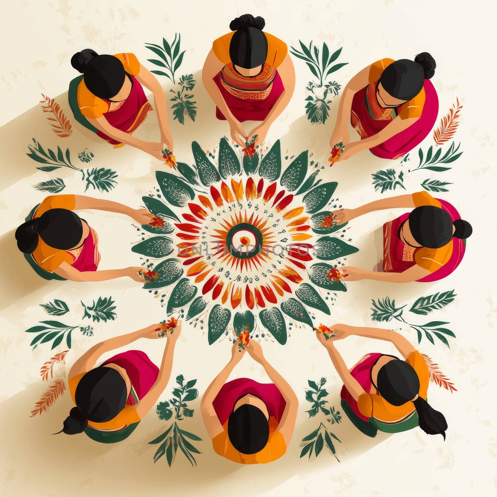 Women unite for a Hindu festival, skillfully creating a vibrant rangoli pattern.
