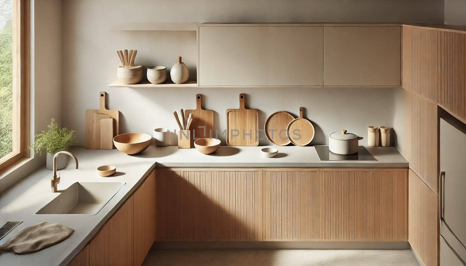 A cozy kitchen with wooden cabinets, bathed in soft sunlight streaming through large windows. Natural materials like wood and ceramic bowls are neatly arranged, creating an inviting and peaceful ambiance with warm, earthy tones.