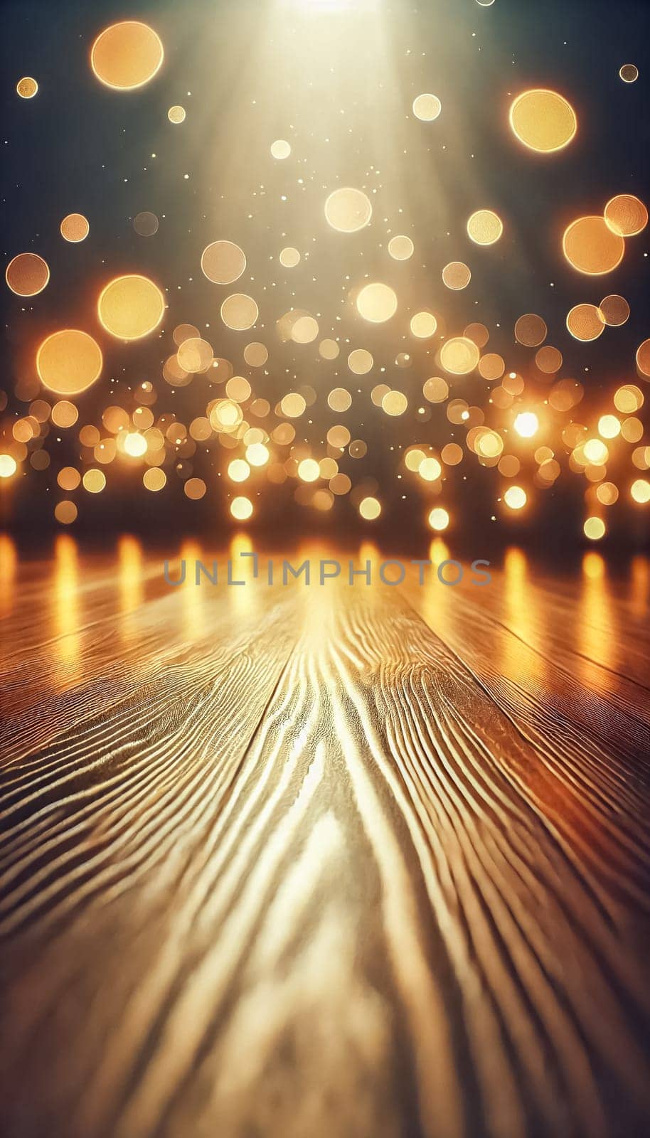 A close-up vertical shot of a polished wooden floor bathed in the warm glow of soft bokeh lights. The rich wood texture contrasts beautifully with the dreamy, golden orbs of light floating just above, creating a peaceful ambiance.