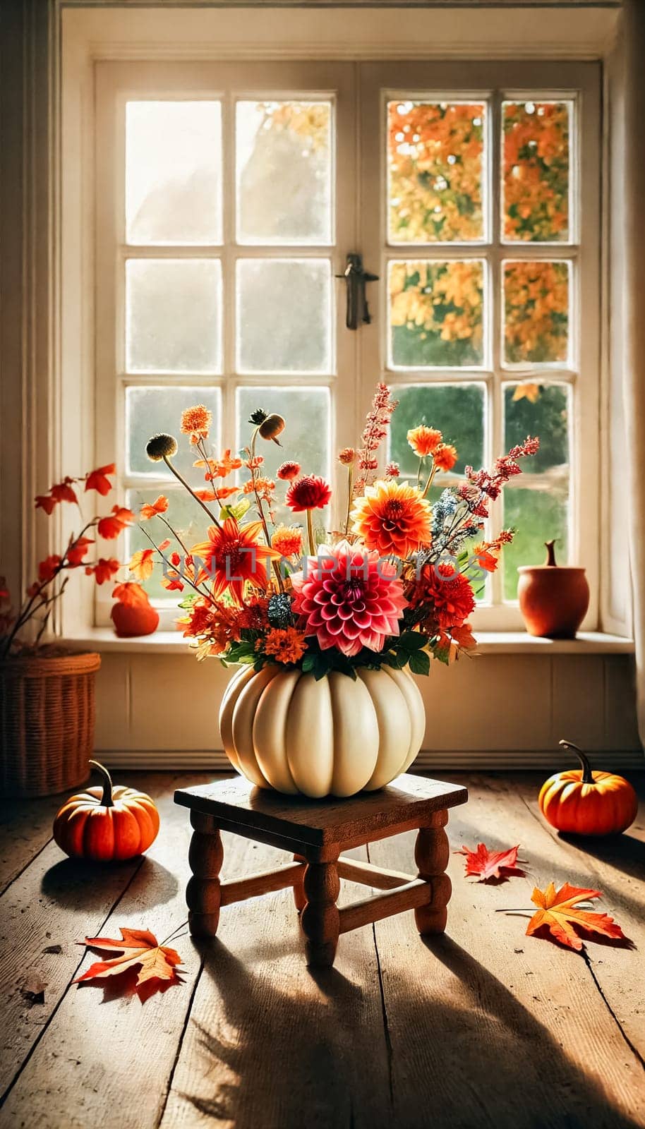 A cozy autumn arrangement of vibrant dahlias in shades of orange, pink, and peach blooms inside a white pumpkin vase. The sunlight streaming through the window softly illuminates the petals, casting gentle shadows, evoking warmth and serenity.