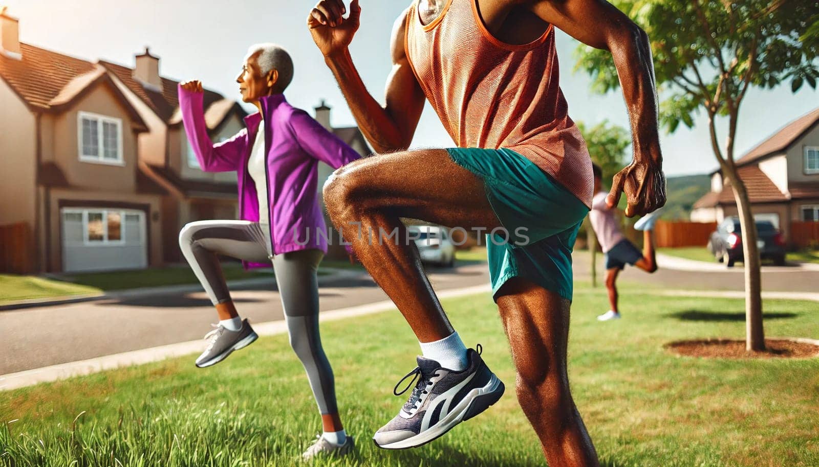 Two African American individuals over 50 are working out in a peaceful suburban park, jogging and stretching amid lush greenery. The serene setting features trees, clear skies, and distant suburban homes.
