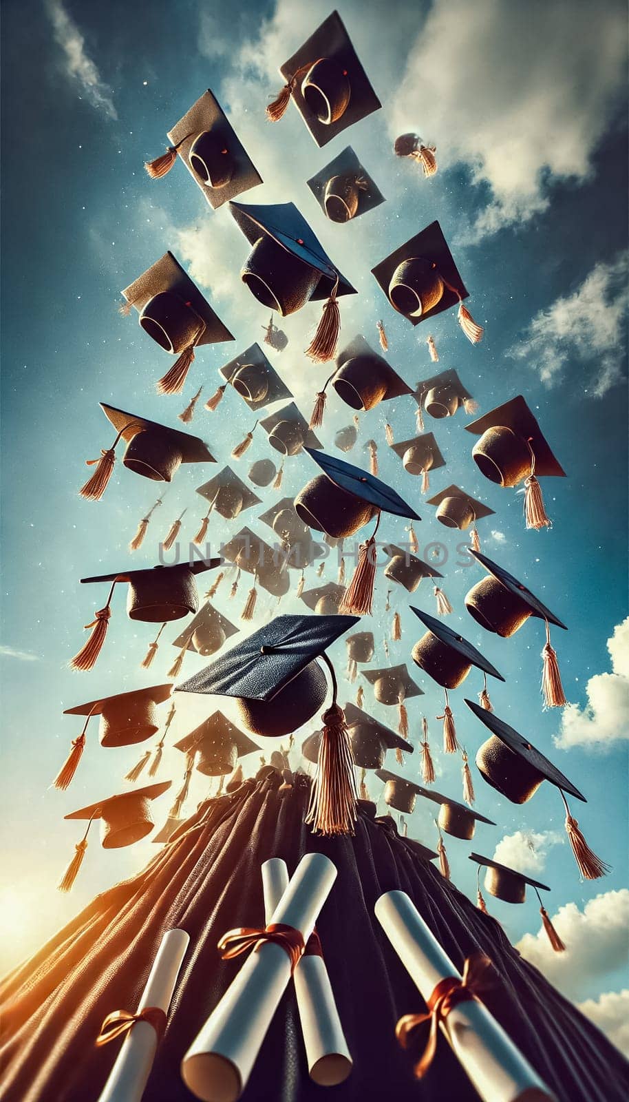 Black graduation caps, detailed with golden tassels, are frozen mid-air against a clear blue sky. Rays of sunlight shine through, creating a celebratory and dramatic atmosphere of success and accomplishment.