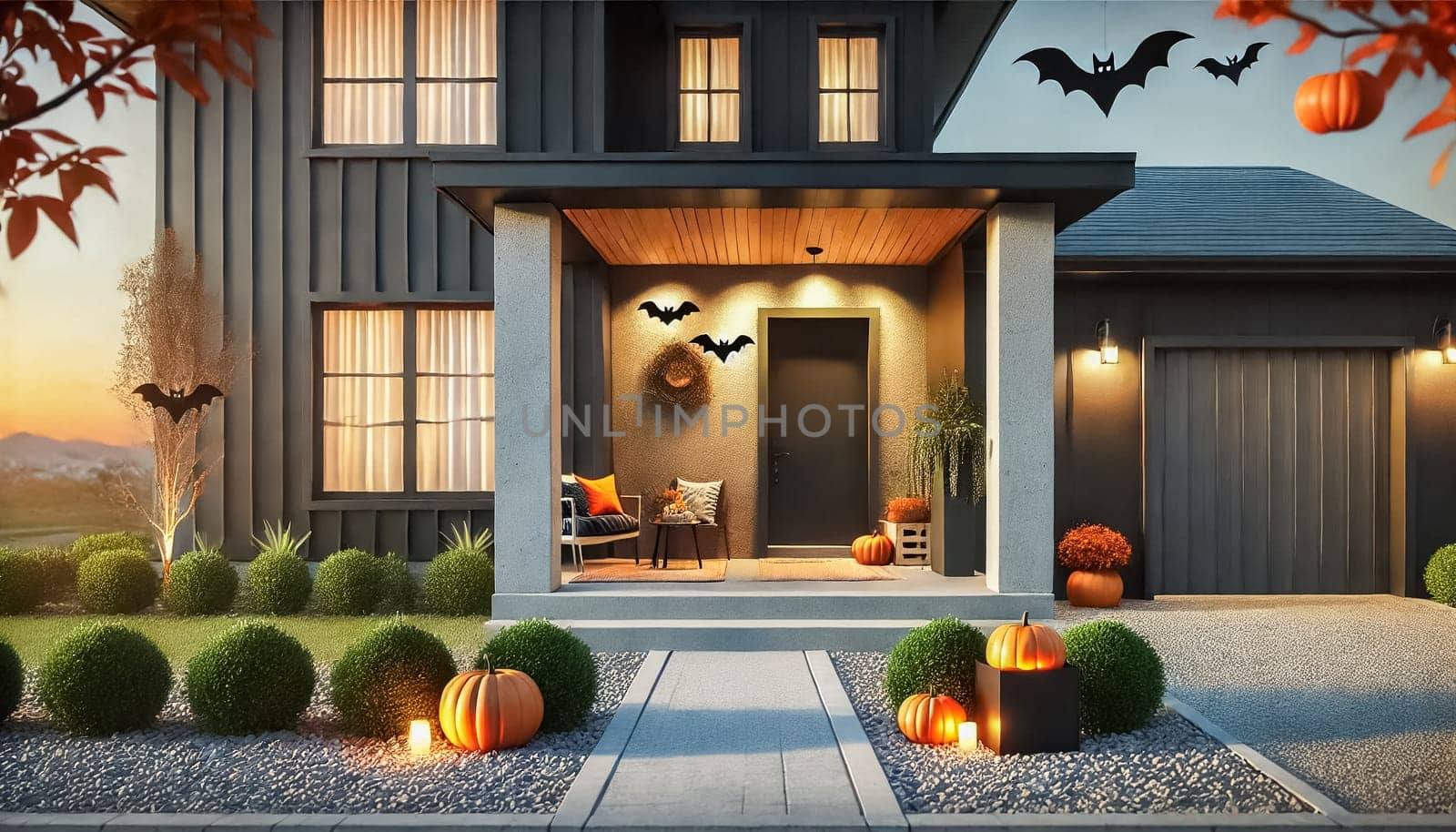 A sleek black and white house with a minimalist Halloween porch. Bats, pumpkins, and simple outdoor decor add to the festive yet modern vibe. Gravel landscaping with green plants surrounds the entry, creating a clean and organized front yard.