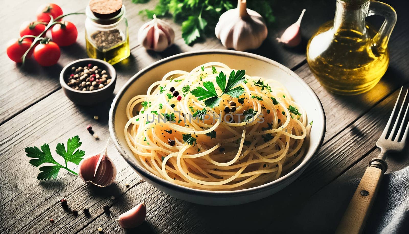 A rustic photograph of spaghetti aglio e olio topped with fresh parsley and cracked black pepper. The dish is placed on a striped napkin, surrounded by garlic cloves, olive oil, and herbs on a wooden table.
