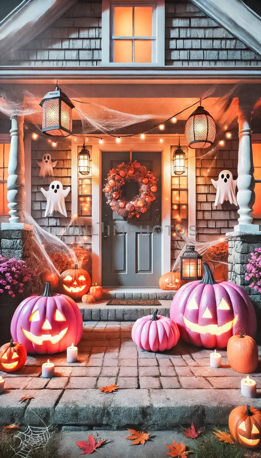 A cozy Halloween porch is illuminated by flickering lanterns, with glowing jack-o'-lanterns and vibrant pink pumpkins. The front door is adorned with cobwebs and a spooky wreath, creating a magical contrast between traditional and whimsical decor.